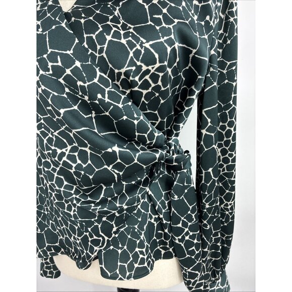 Worthington Womens Size XS Wrap Blouse Green White Animal Print Long Sleeve Top - Picture 2 of 7